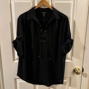 Jones New York Women's Black Roll Tab Sleeve Lace-up Neck Blouse ~ XL ~ NWOT